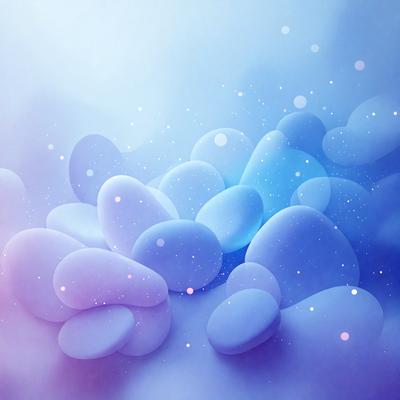 The primary subject of the image is a group of blue and white balls floating in a purple and blue cloudy sky. The setting is a space-like environment, with the balls and the cloudy sky creating a sense of depth and dimension. The visual style is a combination of digital art and illustration, with the balls and the cloudy sky appearing as a pattern or texture. The colors and mood of the image are predominantly purple and blue, giving it a calm and serene atmosphere.